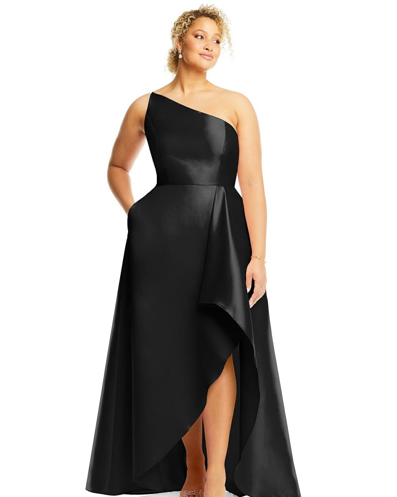 Front of a model wearing a size 22W One-Shoulder Satin Gown with Draped Front Slit and Pockets in Black by Alfred Sung. | dia_product_style_image_id:267155